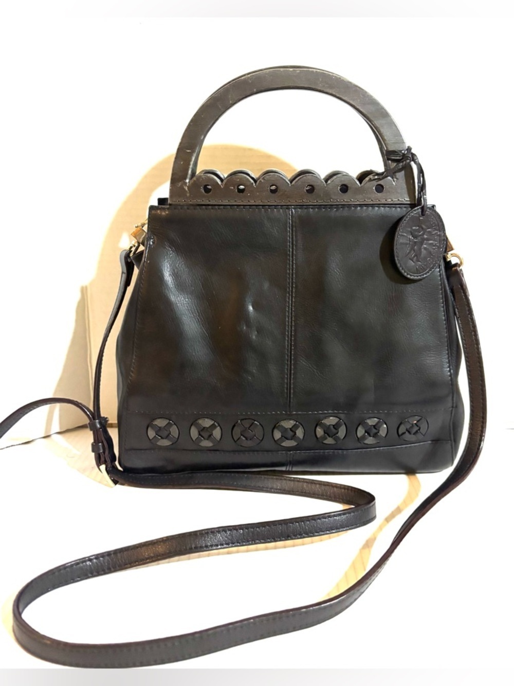Black Leather Top-Handle Crossbody Bag
